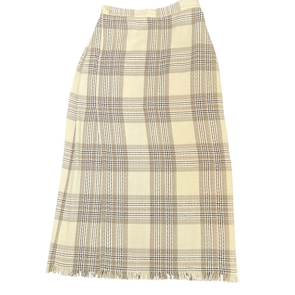 FLAX Faux Wrap Straight Midi Skirt Neutral Plaid All Cotton Fring Hem Pockets